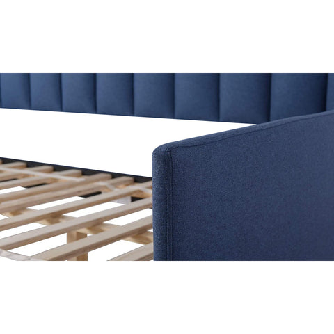 Image of Edgar Daybed In Dark Sapphire Blue Velvet Or Faux Leather In Camel Colour