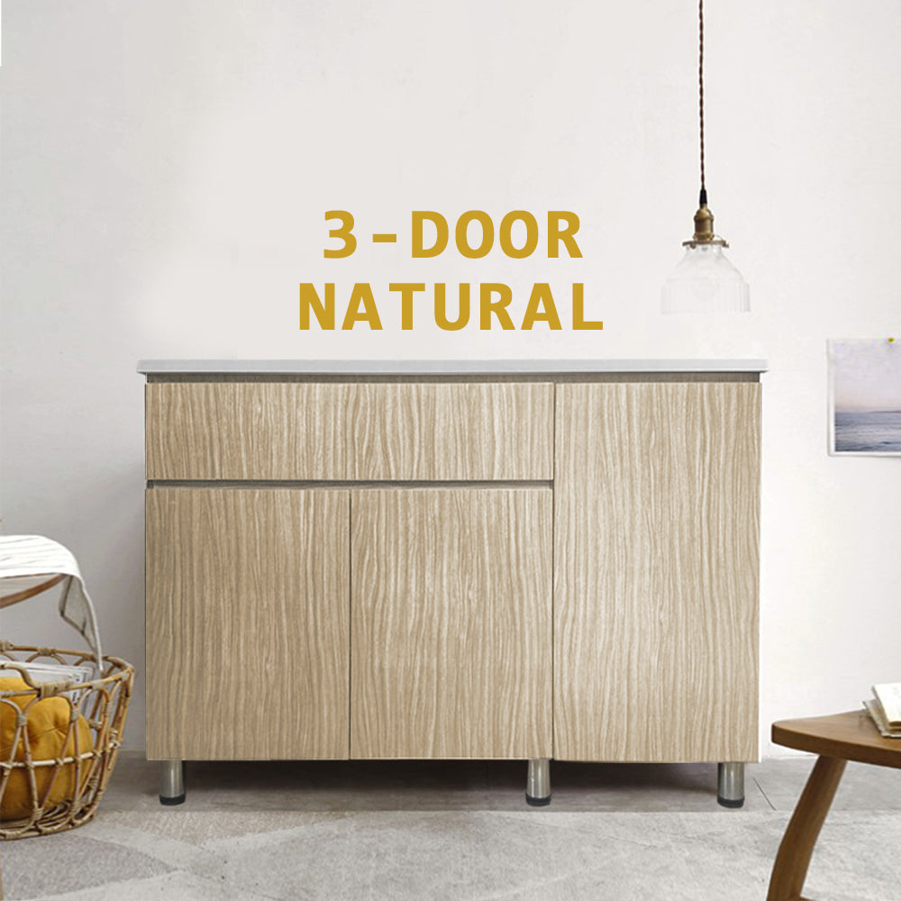 Everly 3 Door Natural Kitchen Cabinet Ceramic Tile Top with Gas Cabinet