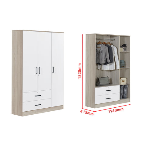 Image of Poland Series 3 Door Wardrobe with Drawers in Natural & White Colour