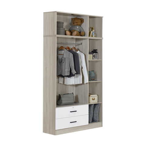 Image of Poland Series 3 Door Tall Wardrobe with Drawers and Top Cabinet in Natural & White Colour