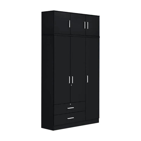 Image of Albania Series 3 Door Tall Wardrobe with Drawers and Top Cabinet in Black Colour