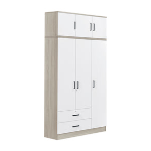 Poland Series 3 Door Tall Wardrobe with Drawers and Top Cabinet in Natural & White Colour