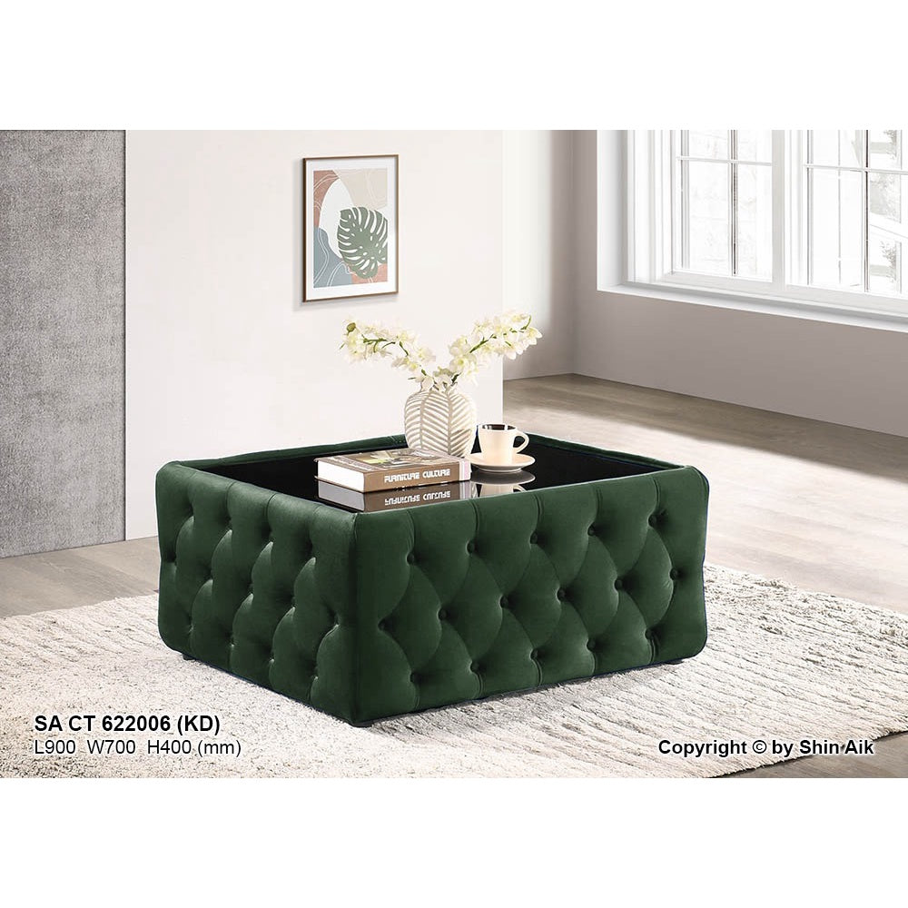 Chesterfield Coffee Table with Black Glass Top in Dark Green Colour