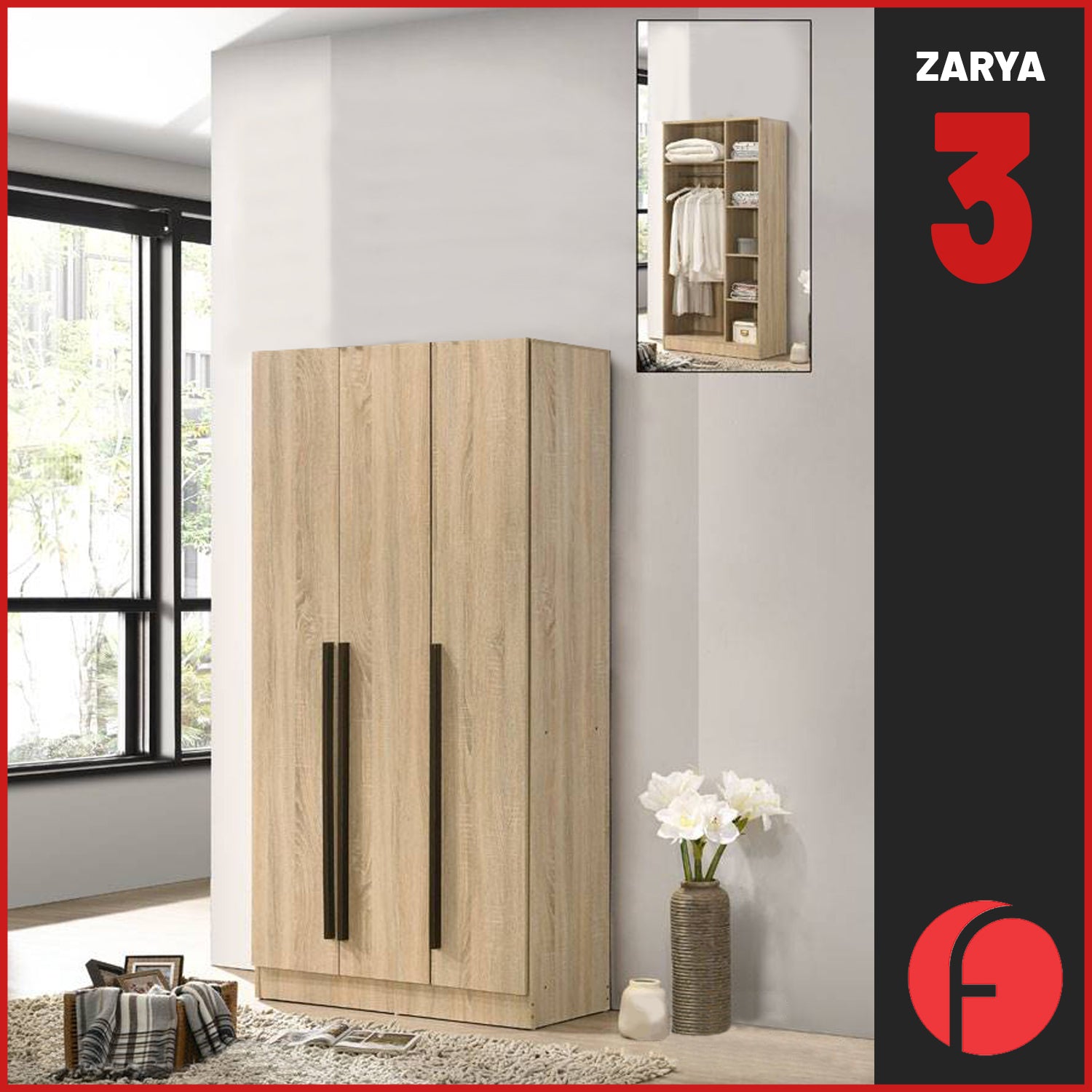 Zarya Series 3 Tall 3 Door Wardrobe Cabinet In Natural Oak Colour