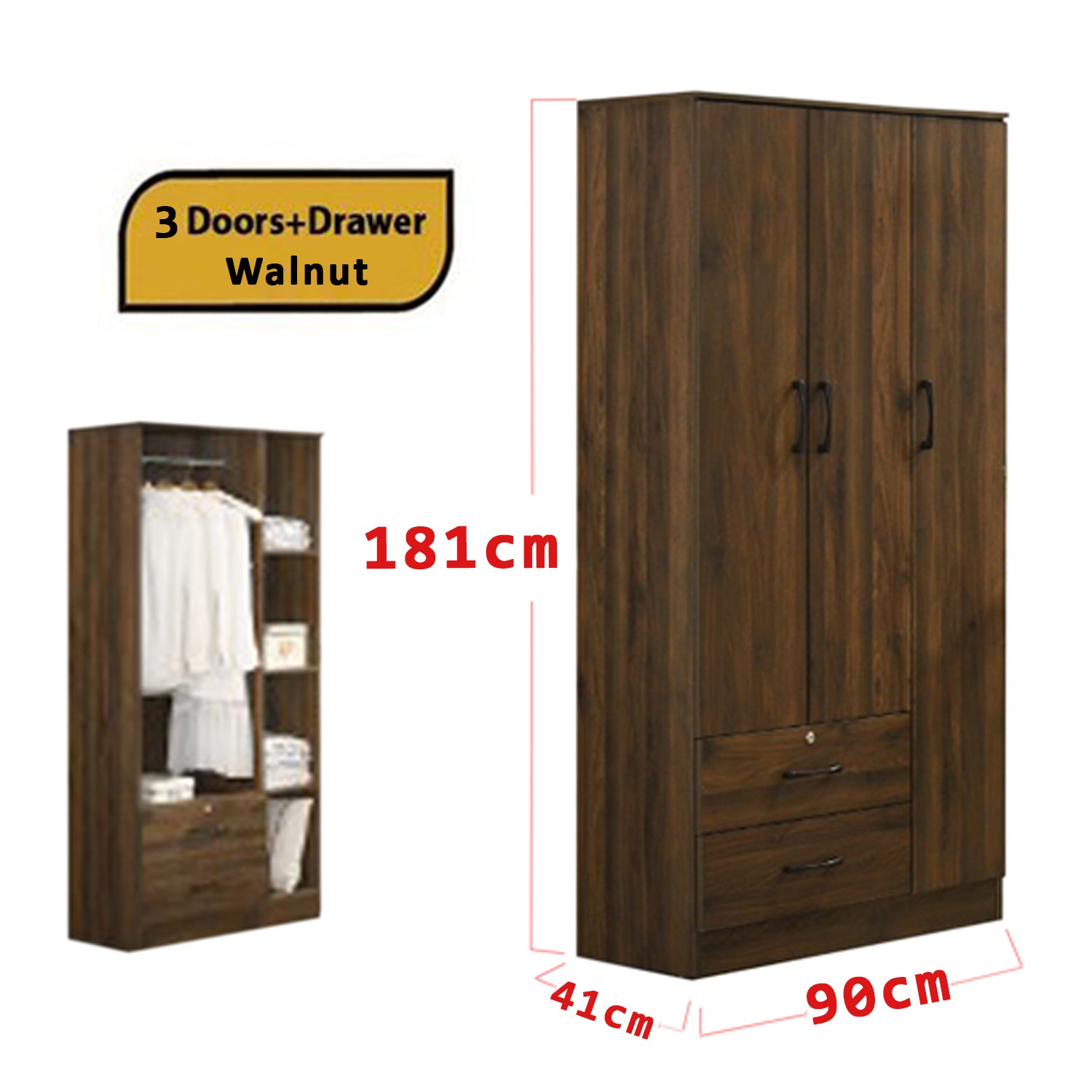 Britain 3 Door With Drawer Wardrobe In Walnut
