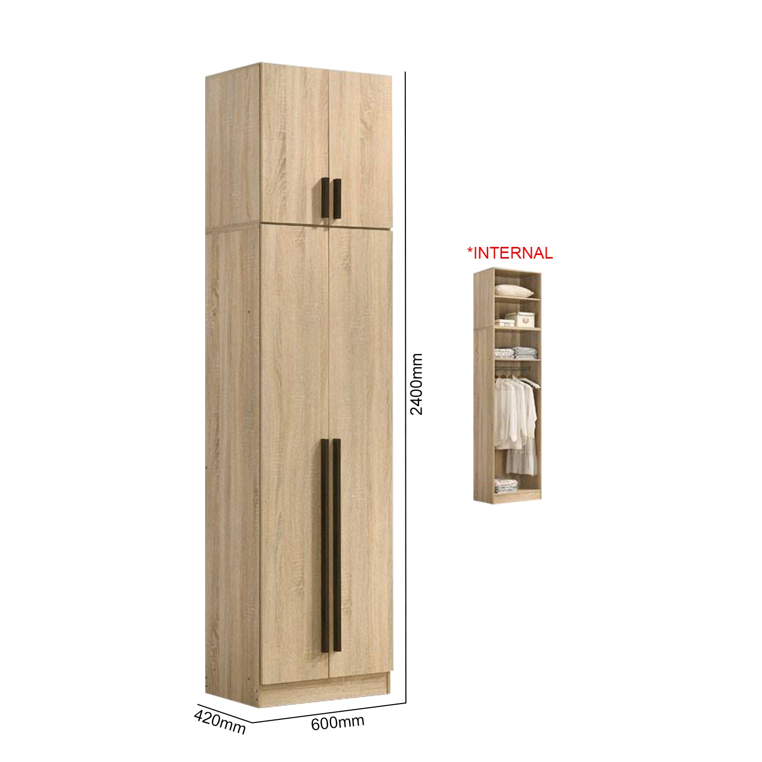 Zarya Series 4 Tall 2 Door Wardrobe with Top Cabinet In Natural Oak Colour