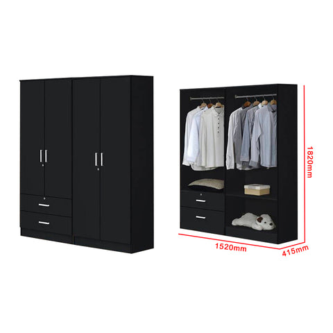 Image of Albania Series 4 Door Wardrobe with 2 Drawers in Black Colour