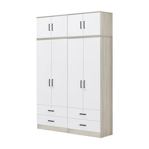 Poland Series 4 Door Tall Wardrobe with 4 Drawers and Top Cabinet in Natural & White Colour