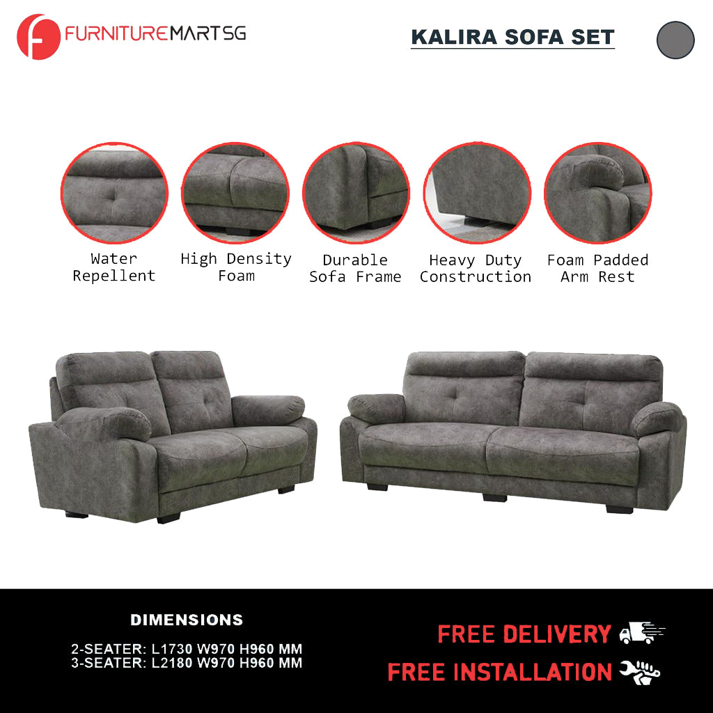 Kalira Series 2-Seater + 3-Seater Sofa Set Premium Water Repellent Fabric in Grey