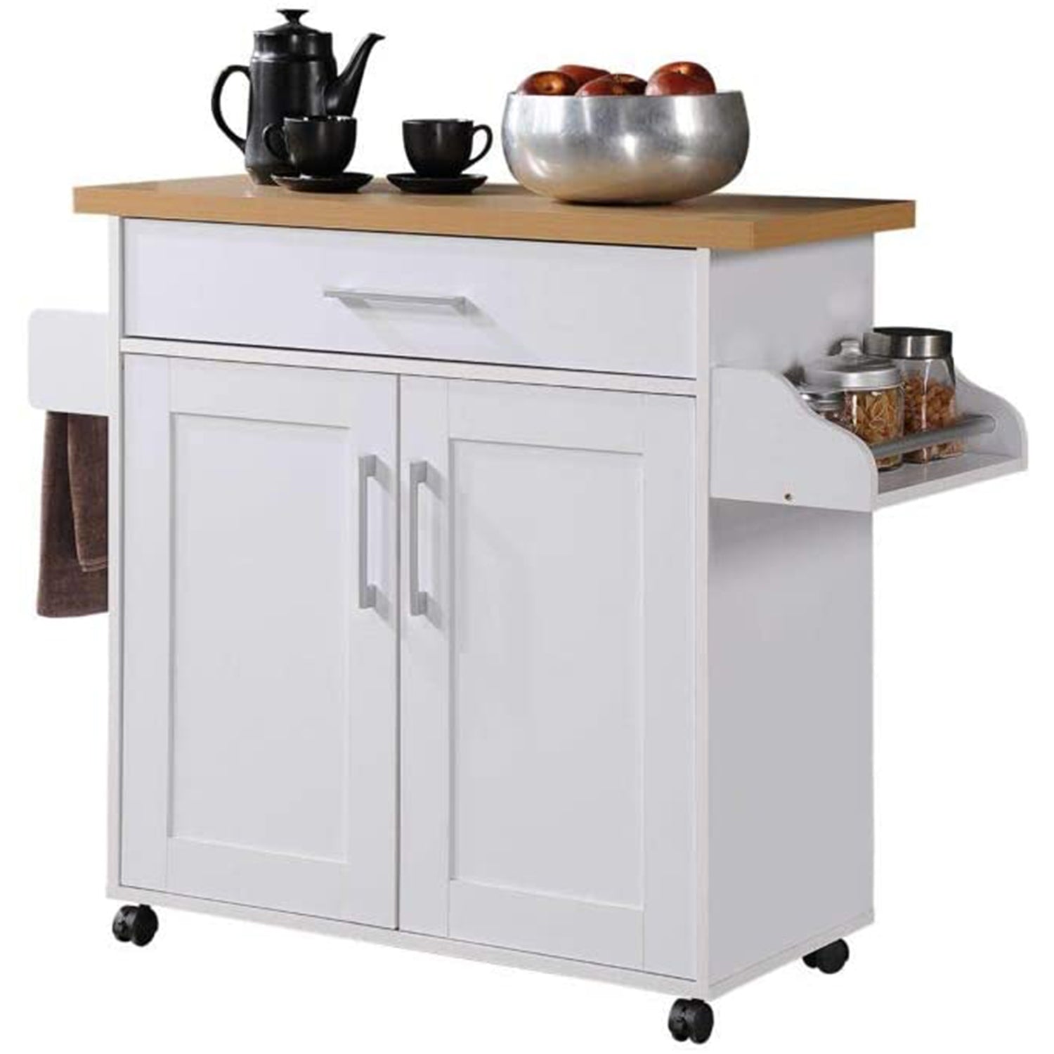 CAROL Mobile Kitchen Island/Storage Cabinet 2 Door with 4 Wheel Trolley Pantry White Color Solid Table Top