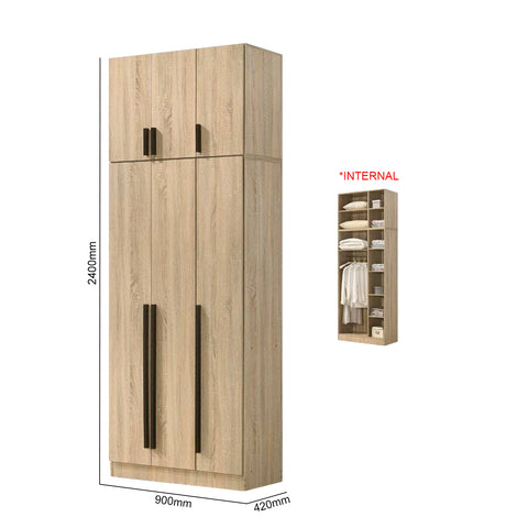 Zarya Series 5 Tall 3 Door Wardrobe with Top Cabinet In Natural Oak Colour