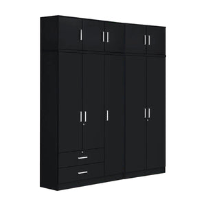 Albania Series 5 Door Tall Wardrobe with 2 Drawers and Top Cabinet in Black Colour