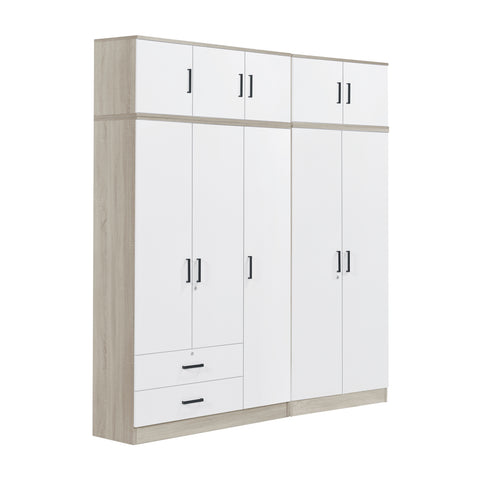 Image of Poland Series 5 Door Tall Wardrobe with 2 Drawers and Top Cabinet in Natural & White Colour