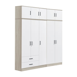 Poland Series 5 Door Tall Wardrobe with 2 Drawers and Top Cabinet in Natural & White Colour