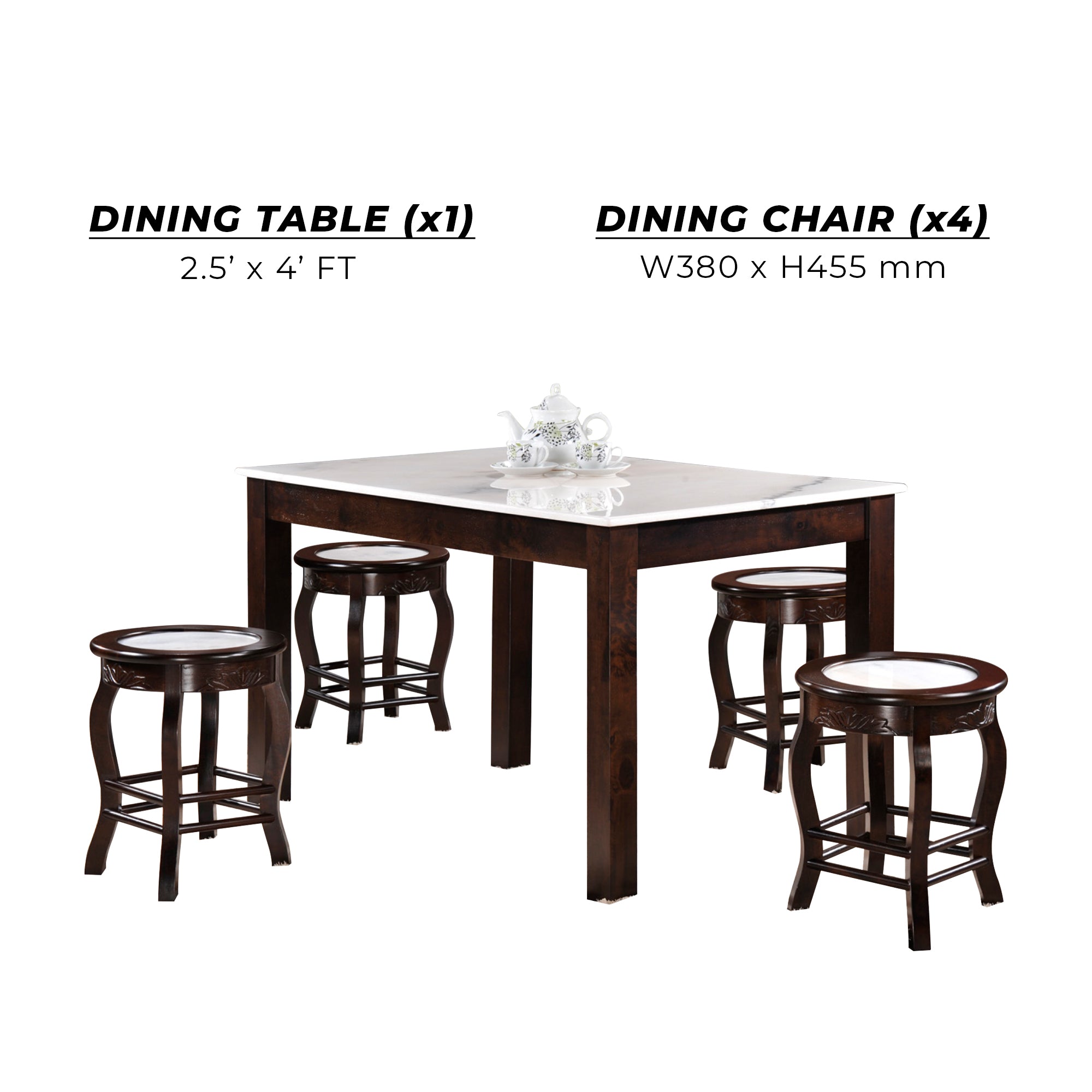 Saniti Series 1+4 Natural Marble Dining Set Table with Chair in Walnut Colour