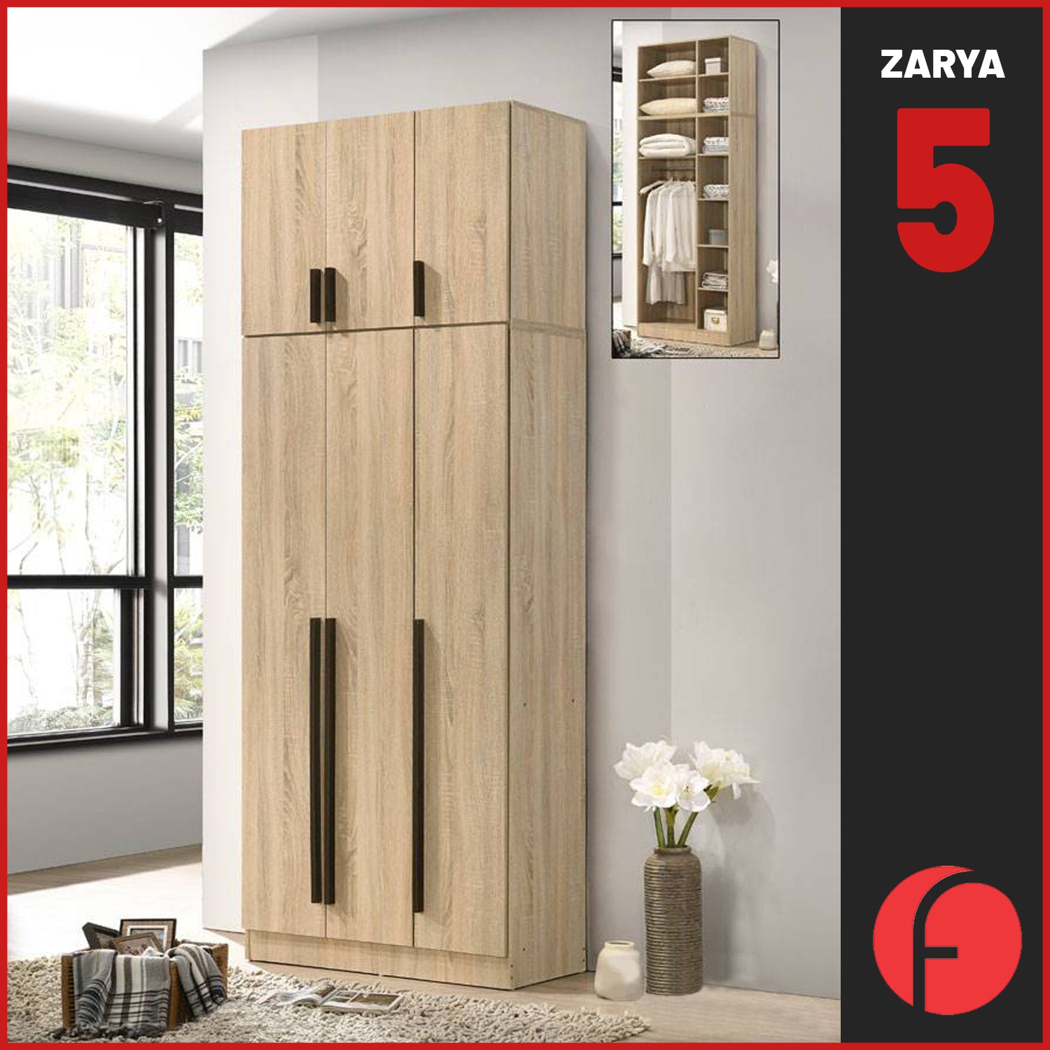 Zarya Series 5 Tall 3 Door Wardrobe with Top Cabinet In Natural Oak Colour