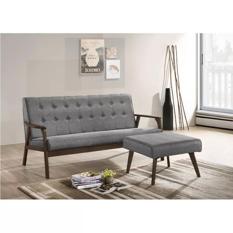 Image of Ole Solid Wood Sofa Set 3 Seater With Matching Ottoman In Grey Fabric Upholstery