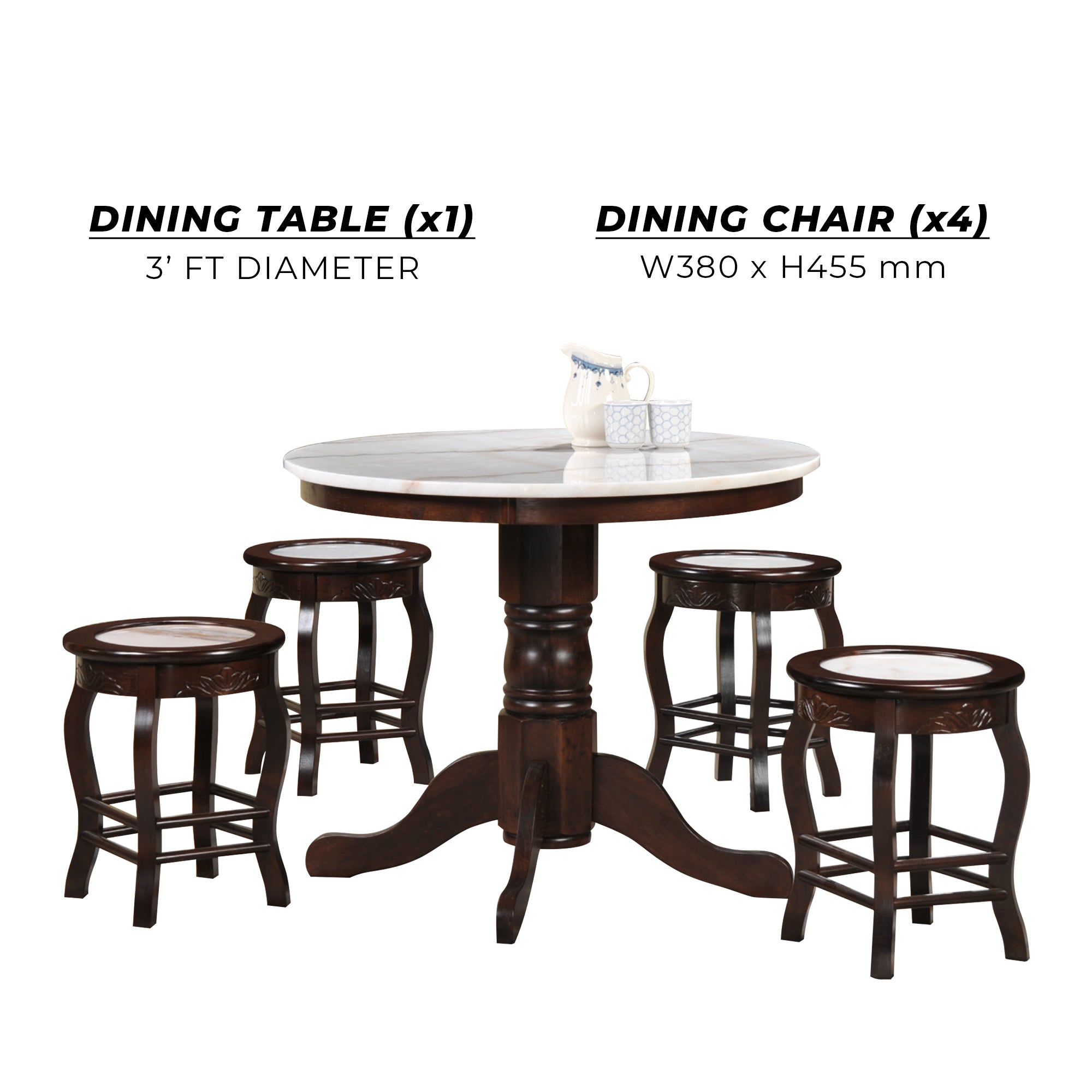 Saniti Series 1+4 Natural Marble Dining Set Round Table with Chair in Walnut Colour