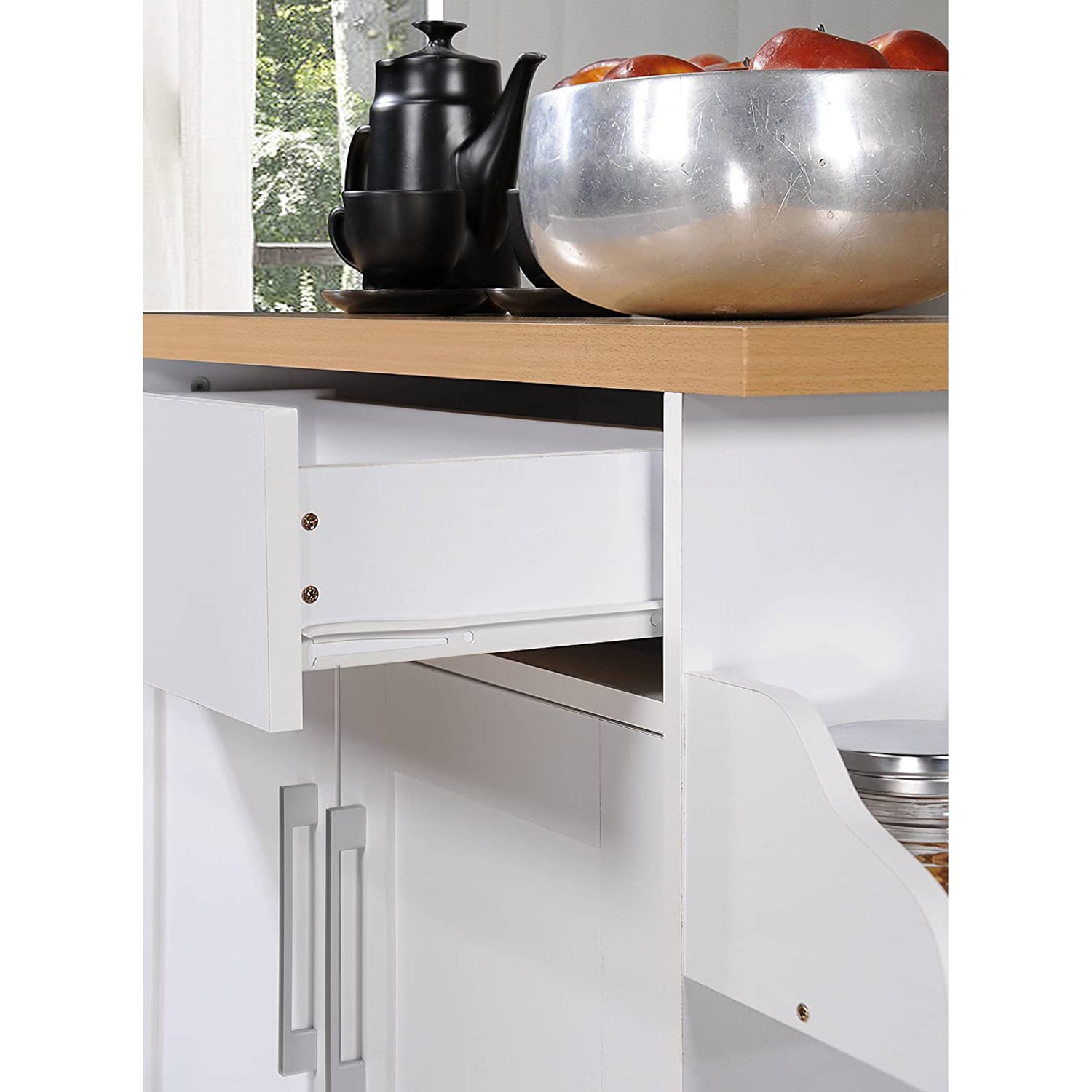 CAROL Mobile Kitchen Island/Storage Cabinet 2 Door with 4 Wheel Trolley Pantry White Color Solid Table Top