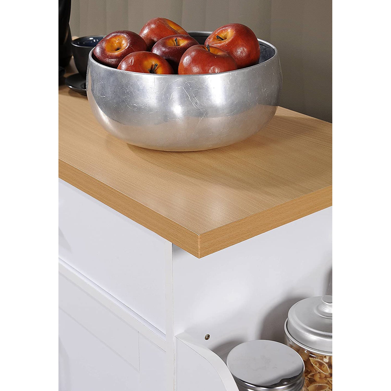 CAROL Mobile Kitchen Island/Storage Cabinet 2 Door with 4 Wheel Trolley Pantry White Color Solid Table Top