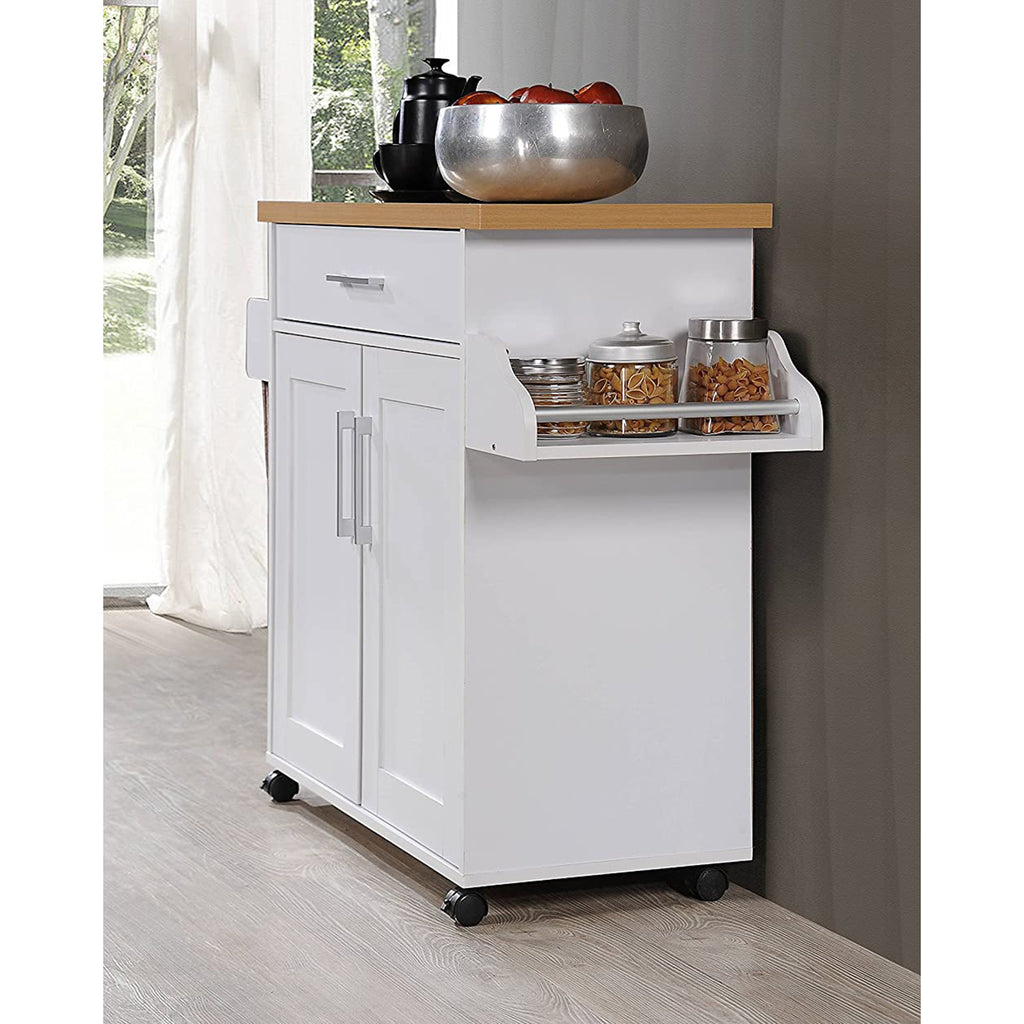 CAROL Mobile Kitchen Island/Storage Cabinet 2 Door with 4 Wheel Trolley Pantry White Color Solid Table Top