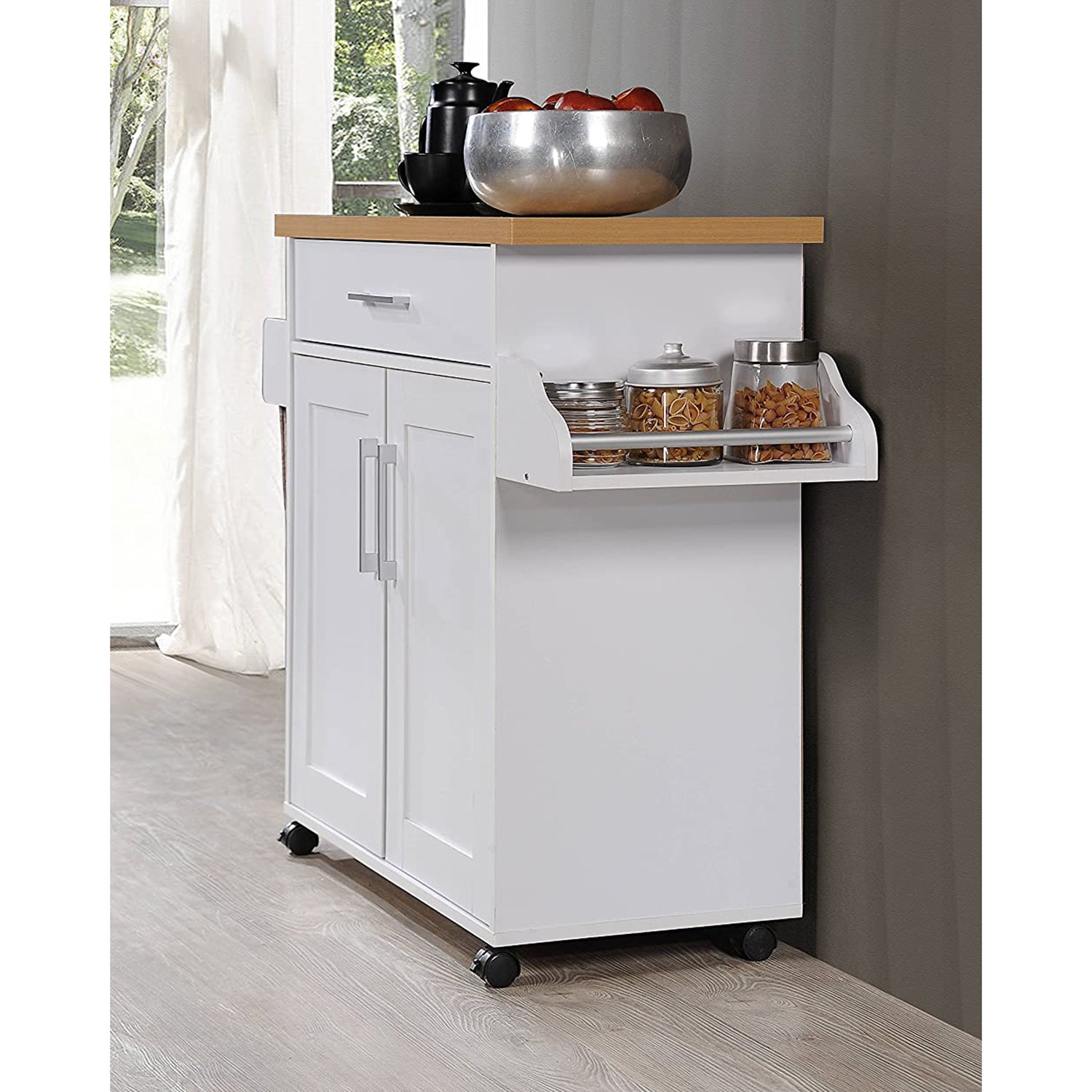 CAROL Mobile Kitchen Island/Storage Cabinet 2 Door with 4 Wheel Trolley Pantry White Color Solid Table Top