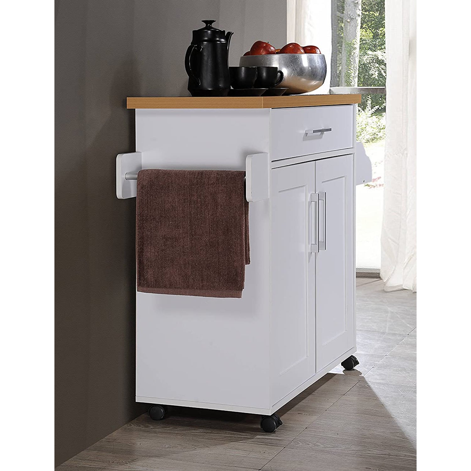 CAROL Mobile Kitchen Island/Storage Cabinet 2 Door with 4 Wheel Trolley Pantry White Color Solid Table Top