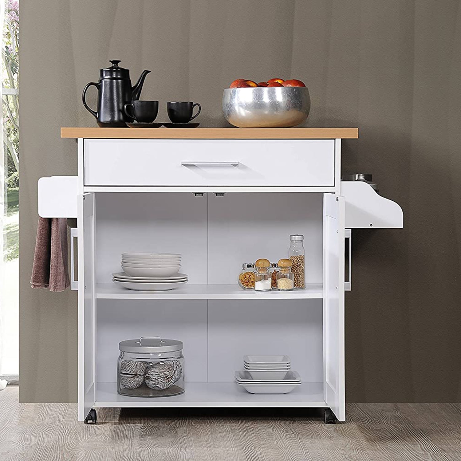 CAROL Mobile Kitchen Island/Storage Cabinet 2 Door with 4 Wheel Trolley Pantry White Color Solid Table Top