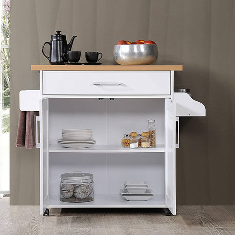 Image of CAROL Mobile Kitchen Island/Storage Cabinet 2 Door with 4 Wheel Trolley Pantry White Color Solid Table Top