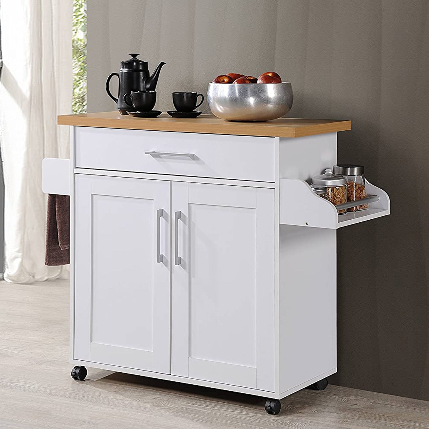 CAROL Mobile Kitchen Island/Storage Cabinet 2 Door with 4 Wheel Trolley Pantry White Color Solid Table Top