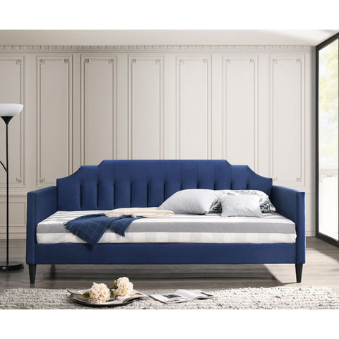 Image of Edgar Daybed In Dark Sapphire Blue Velvet Or Faux Leather In Camel Colour w/ Mattress Add On