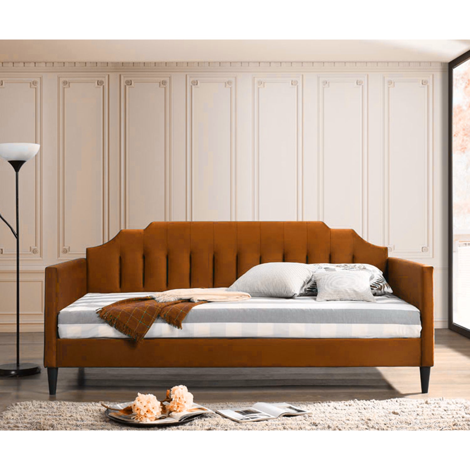 Edgar Daybed In Dark Sapphire Blue Velvet Or Faux Leather In Camel Colour w/ Mattress Add On