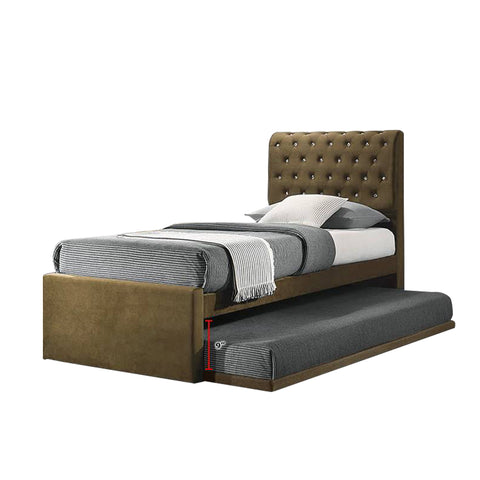 Image of Kyler Single Divan + Pull-Out Type Bed Frame Velvet Fabric Upholstery in Brown Color
