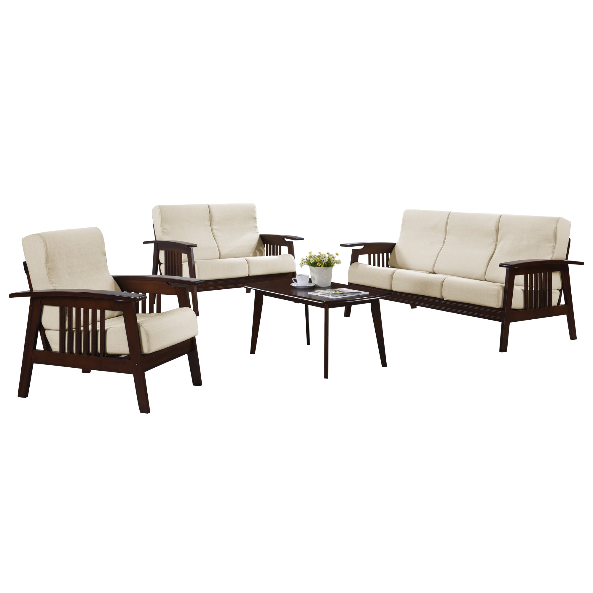 Jawee Living Room Set 3 Wooden Sofa Set Removable Fabric Covers with Coffee Table