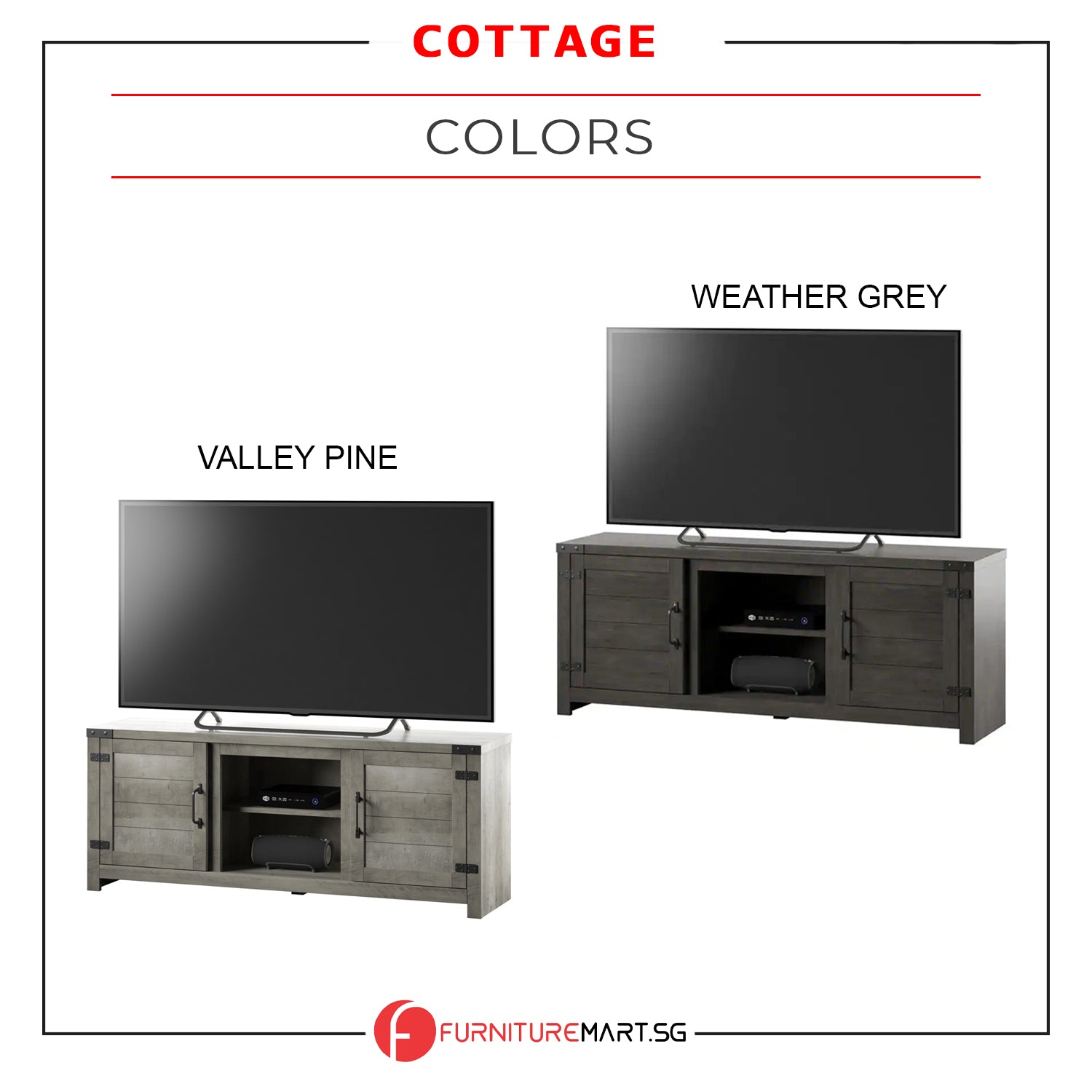 Cottage TV Stand with Planked Doors and Nail Head Details in 2 Colours