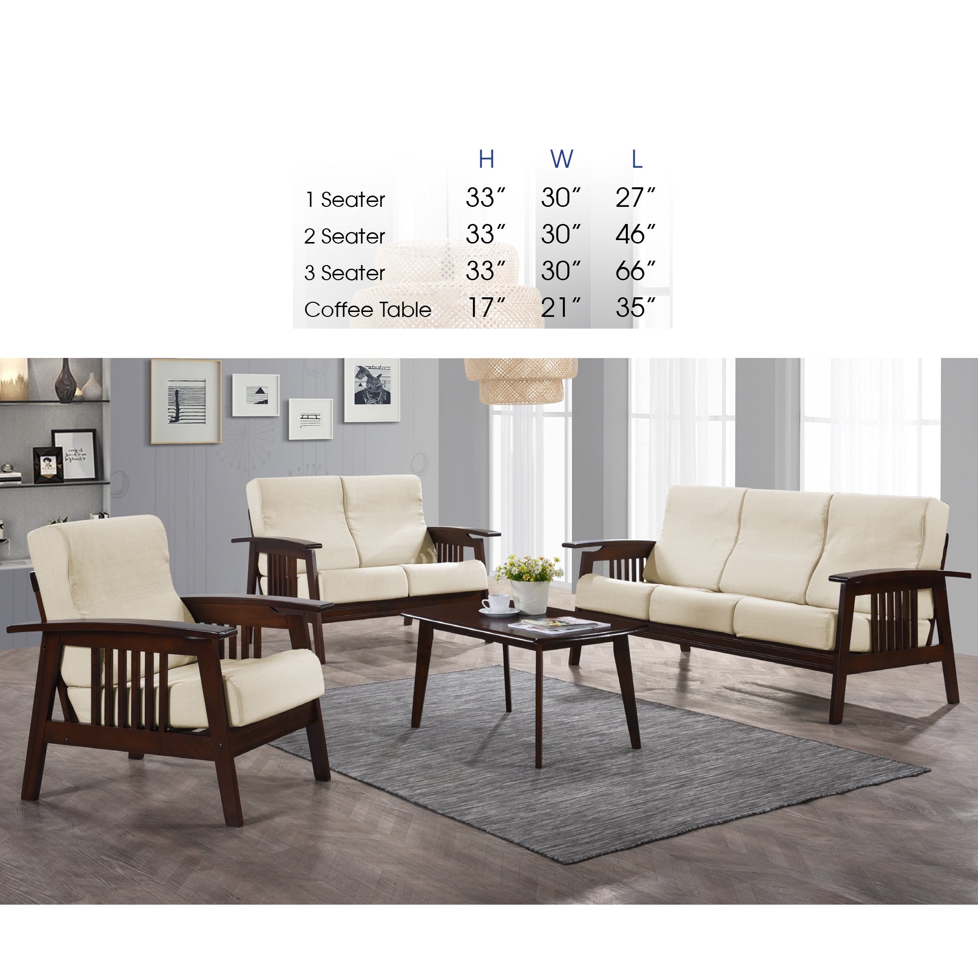 Jawee Living Room Set 3 Wooden Sofa Set Removable Fabric Covers with Coffee Table