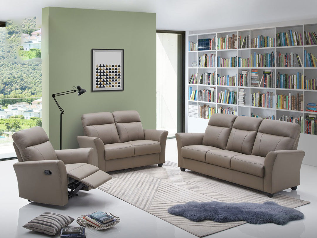 Rimini Series Half leather Recliner Sofa Set in Stone/Cappuccino Color.