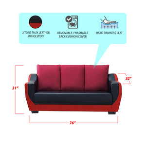 Ethan 3 Seater Modern Faux Leather Sofa In Red/Black-Furnituremart.sg