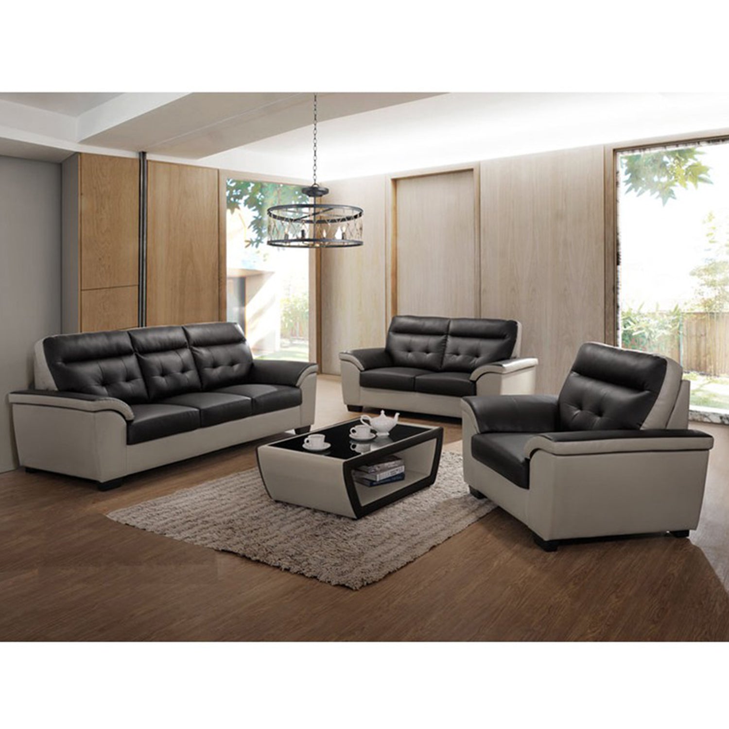 Garrett 1/2/3 Seater Faux Leather Sofa In Black/ Beige-Furnituremart.sg