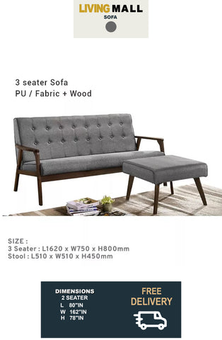 Image of Ole Solid Wood Sofa Set 3 Seater With Matching Ottoman In Grey Fabric Upholstery