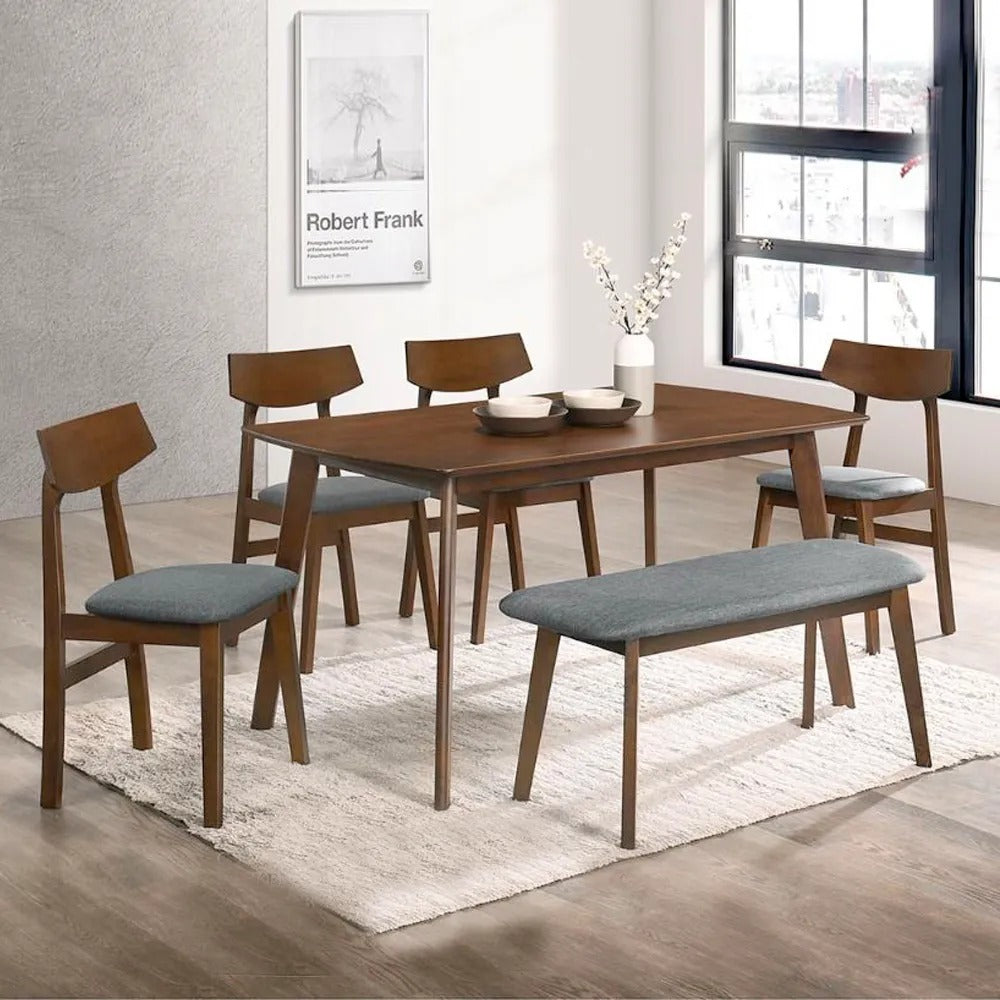 KEN Solid Rubberwood 6 Seater Dining Set with Bench Natural/Walnut