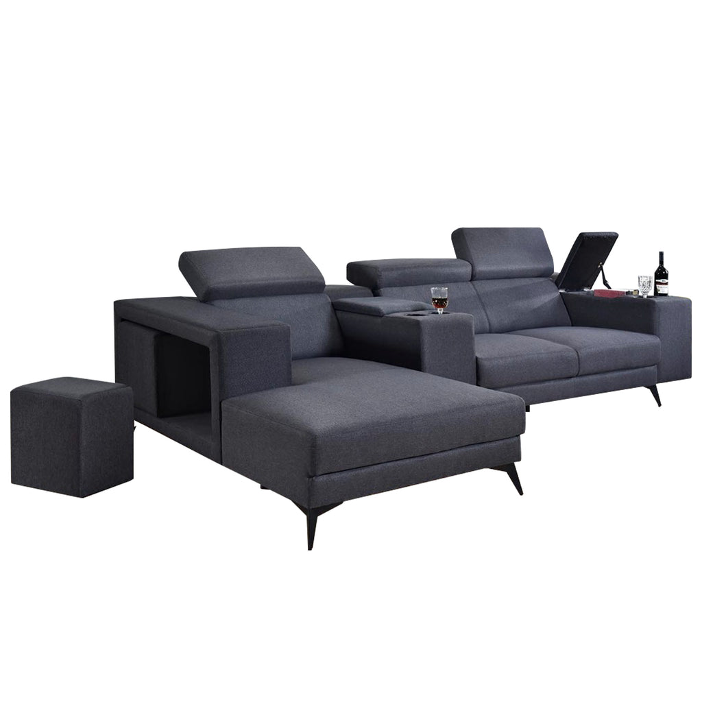 Zeran L-Shaped Sofa with Stool and Storage Upholstered In Premium Grey Color Linen Fabric