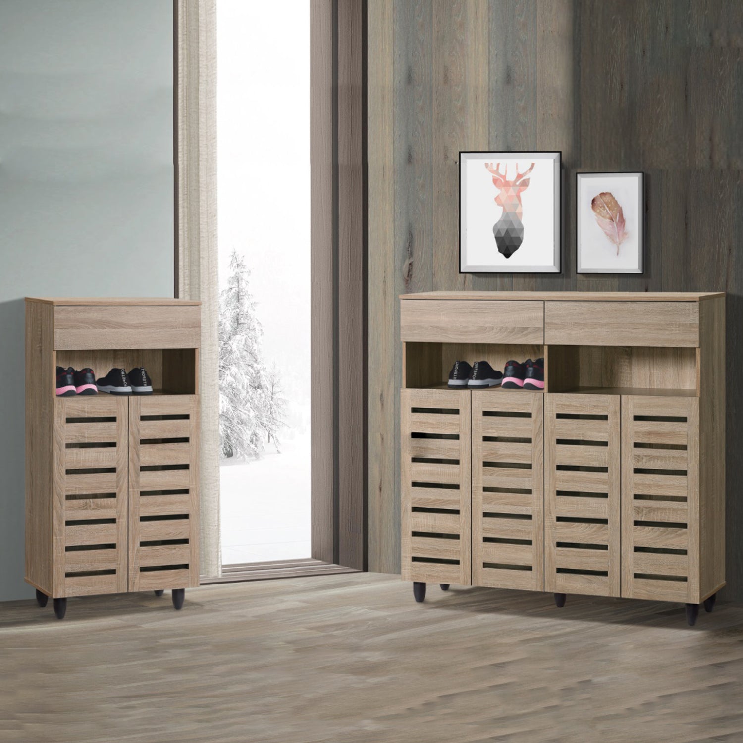 DOTA 2 Doors And 4 Doors Shoe Cabinet with Drawer In Natural Oak Color