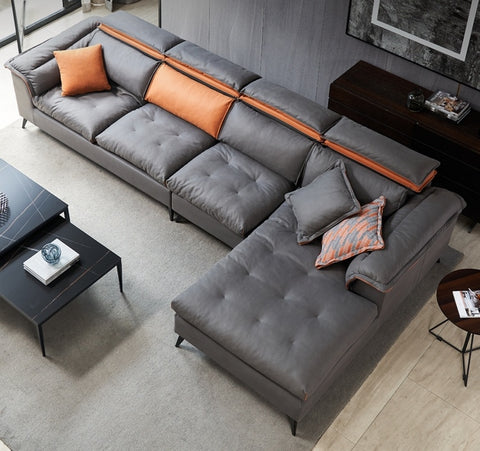 Image of Milan 3/4 Seater Faux Leather L Shaped Sofa In Grey/ Orange-Furnituremart.sg