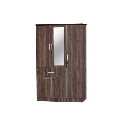 Image of Zara Series 14 Wardrobe 3-Door Cabinet with Mirror & Drawer in Dark Brown