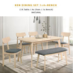 KEN Solid Rubberwood 6 Seater Dining Set with Bench Natural/Walnut