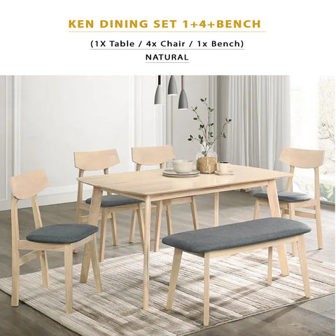 Image of KEN Solid Rubberwood 6 Seater Dining Set with Bench Natural/Walnut