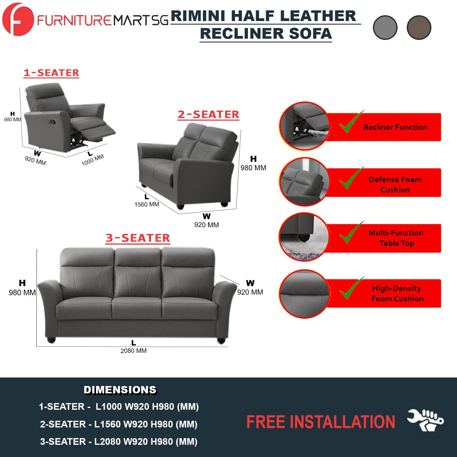 Rimini Series Half leather Recliner Sofa Set in Stone/Cappuccino Color.