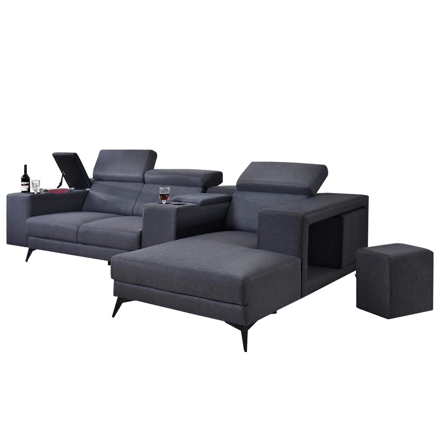 Zeran L-Shaped Sofa with Stool and Storage Upholstered In Premium Grey Color Linen Fabric
