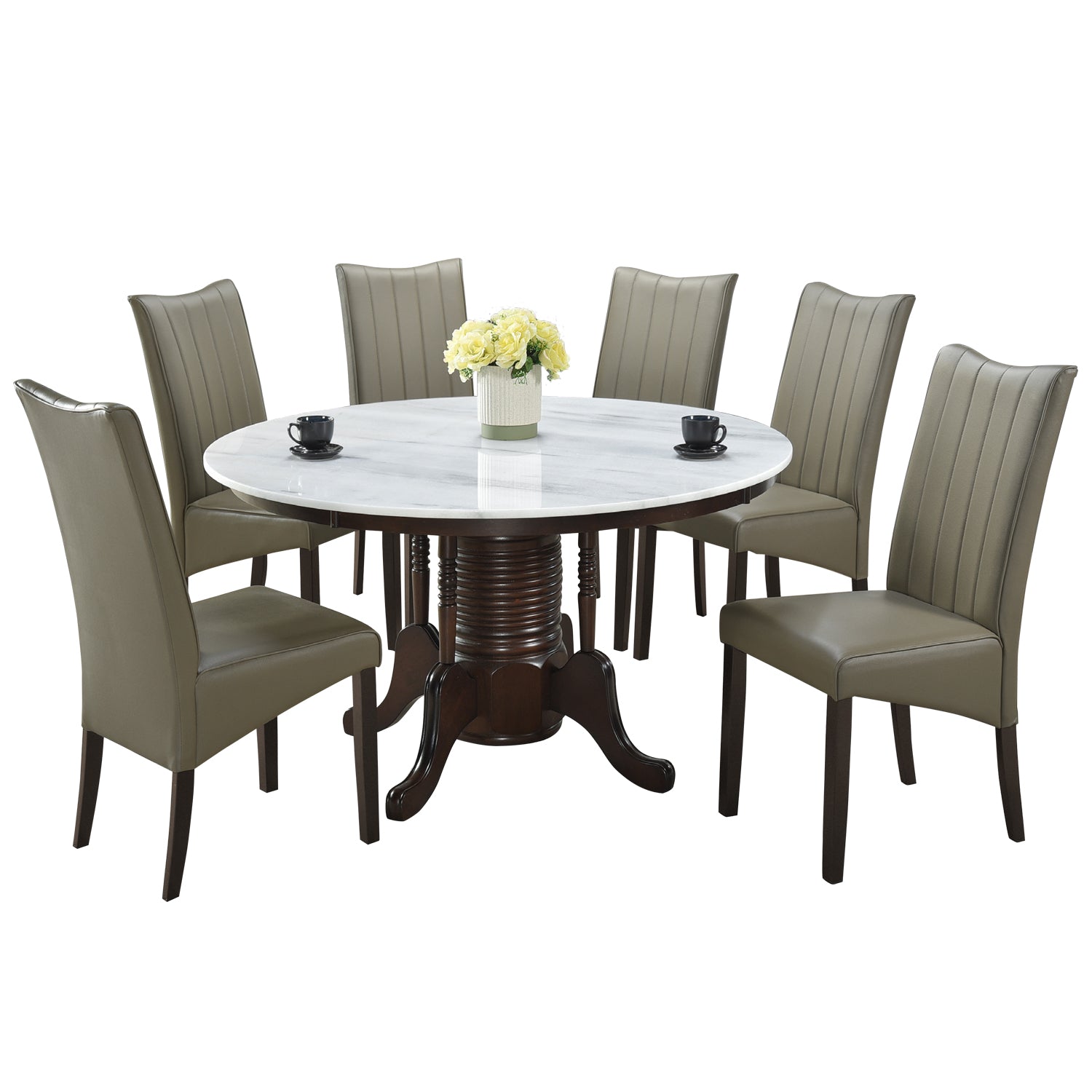 Saniti Series 1+6 Natural Marble Dining Set Table with Grey Leather Chair